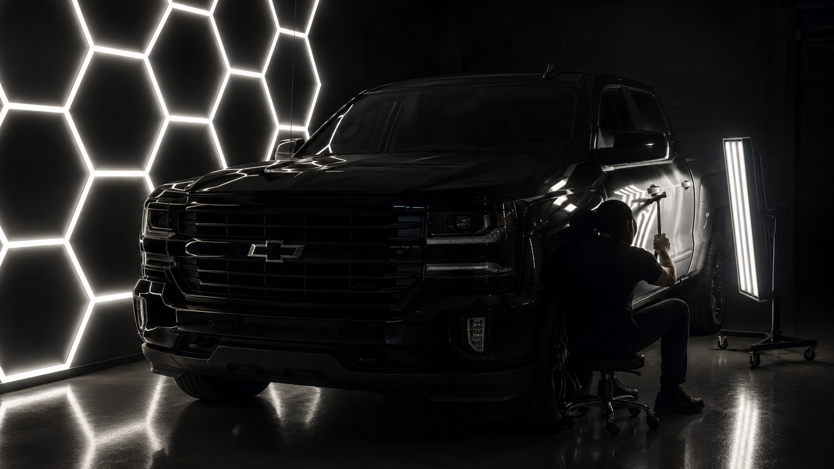 Luxury Dents technician inspecting a black truck under precision lighting